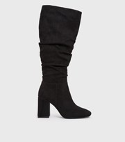 New Look Black Suedette Slouch Knee High Block Heel Boots